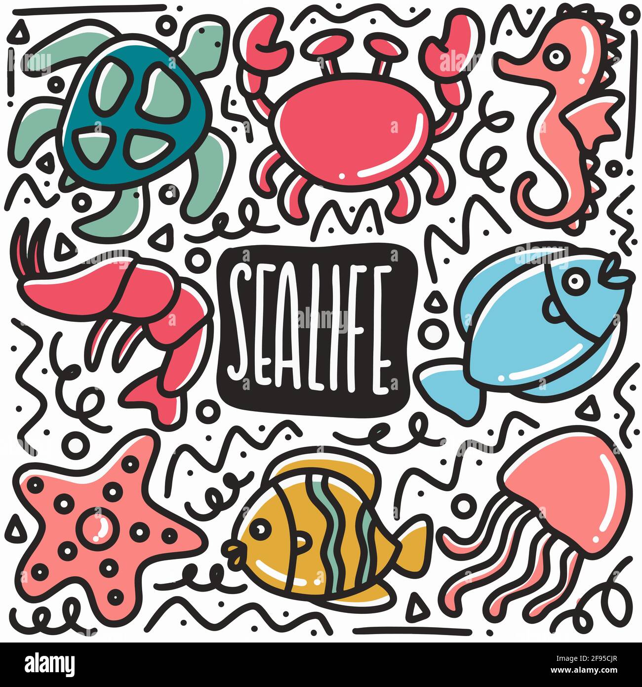 set di doodle di vita marina disegnati a mano Illustrazione Vettoriale