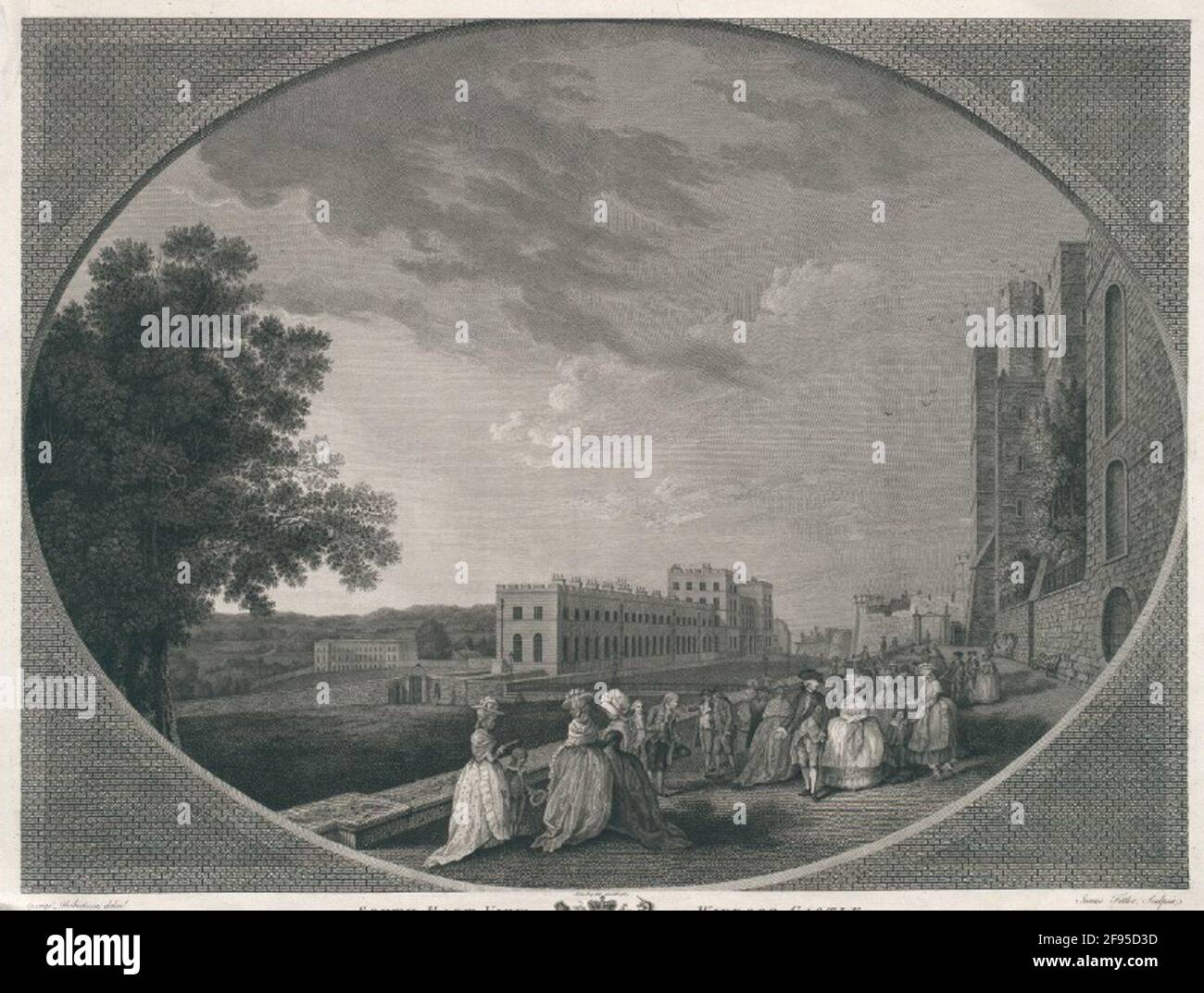 Vista sud-est del Castello di Windsor con la Famiglia reale sulla Terrazza e una veduta del Palazzo del Queens. Foto Stock