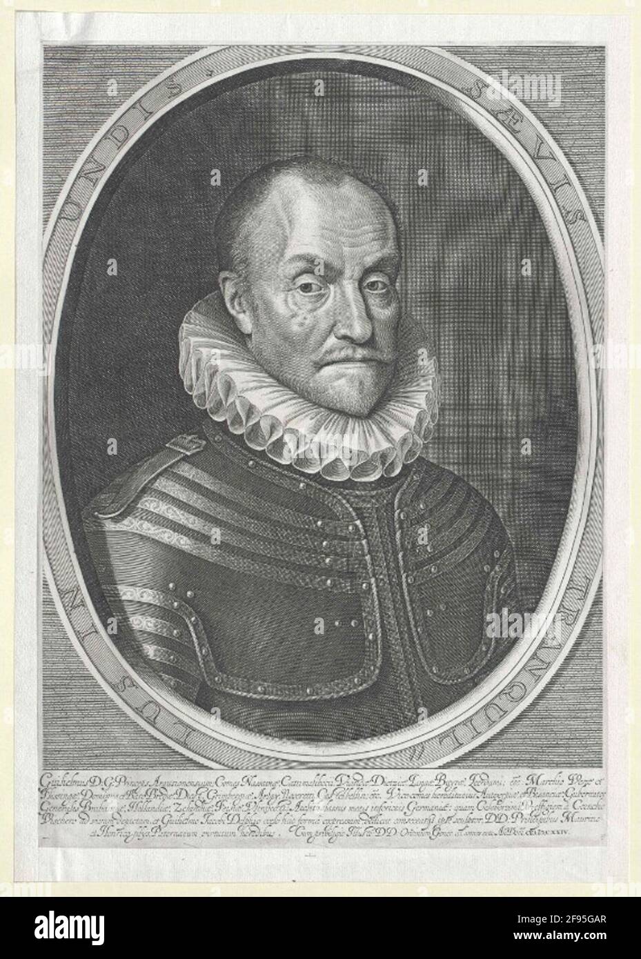 Guglielmo i, principe d'Orania, conte di Nassau Chest, metà della destra; Barhaupt, con baffi, poco solido; Cutter; In Harnisch, con strisce decorative su spalline e braccia; in forma ovale, definita con un motto latino; Sotto la leggenda Latina con il nome degli artisti, la dedicazione dello Stecher, il Principe di Moritz e Friedrich Heinrich di Orania, così come una nota di privilegi degli stati generali per otto anni. Foto Stock