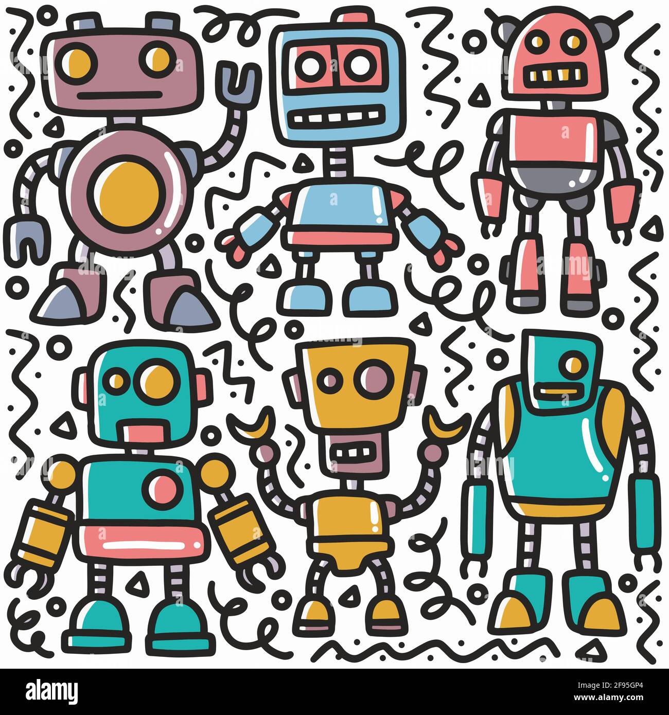 set di doodle robot disegnati a mano Illustrazione Vettoriale