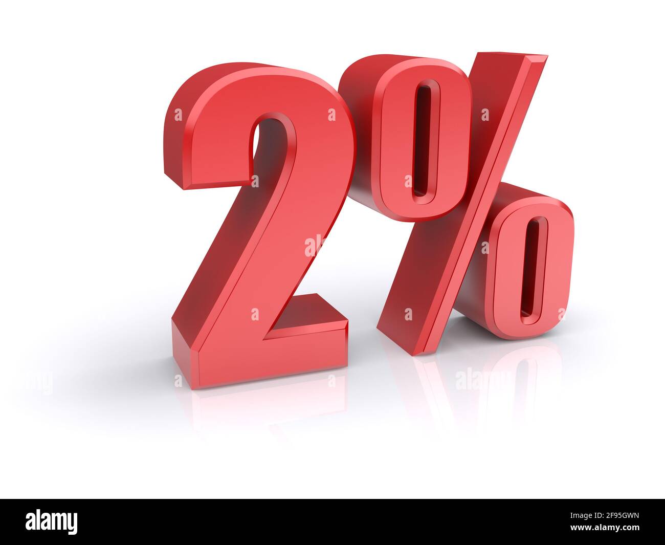 Icona rossa del tasso percentuale del 2% su sfondo bianco. immagine 3d rappresentata Foto Stock