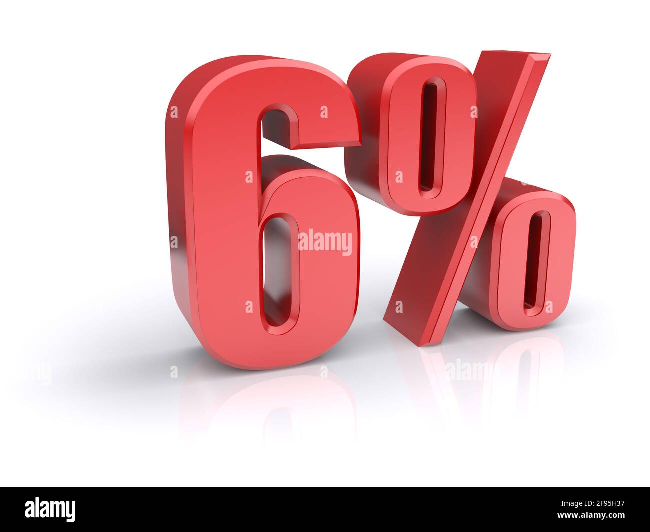 Icona rossa del tasso percentuale del 6% su sfondo bianco. immagine 3d rappresentata Foto Stock