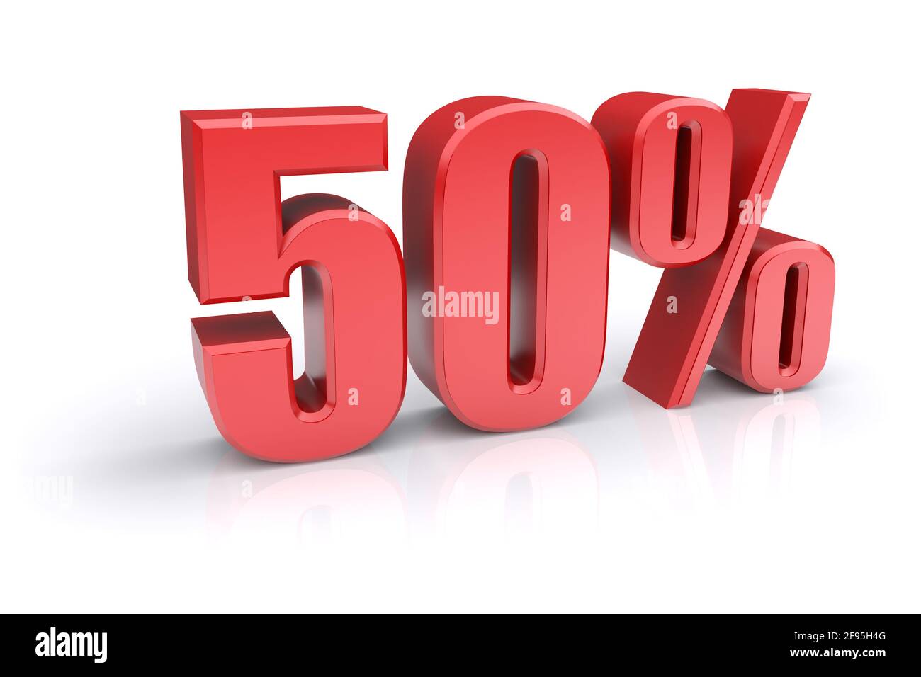 Icona rossa del tasso percentuale del 50% su sfondo bianco. immagine 3d rappresentata Foto Stock