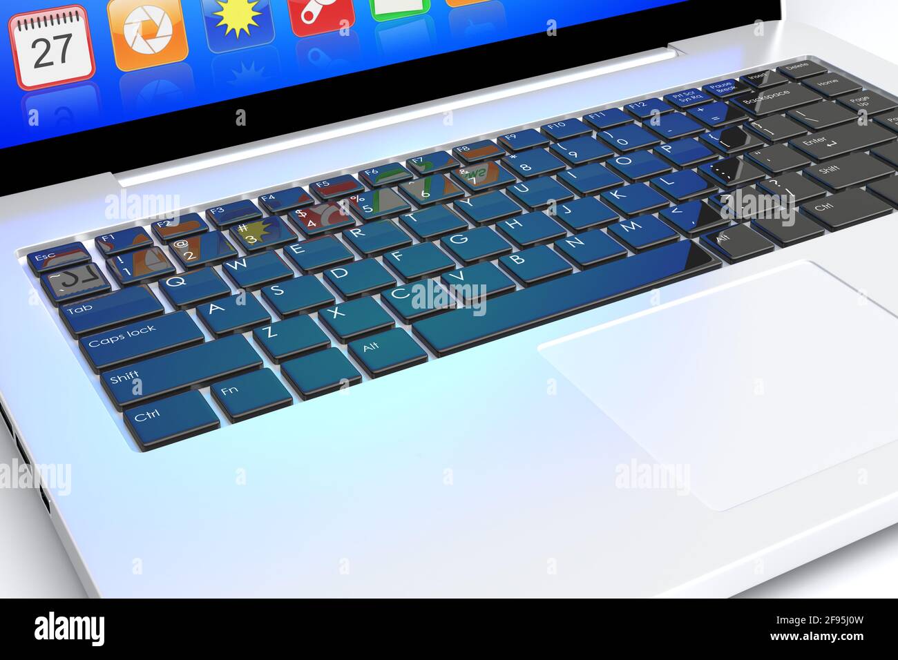 Notebook con app colorate su uno schermo blu. Concetto di tecnologia 3d Foto Stock
