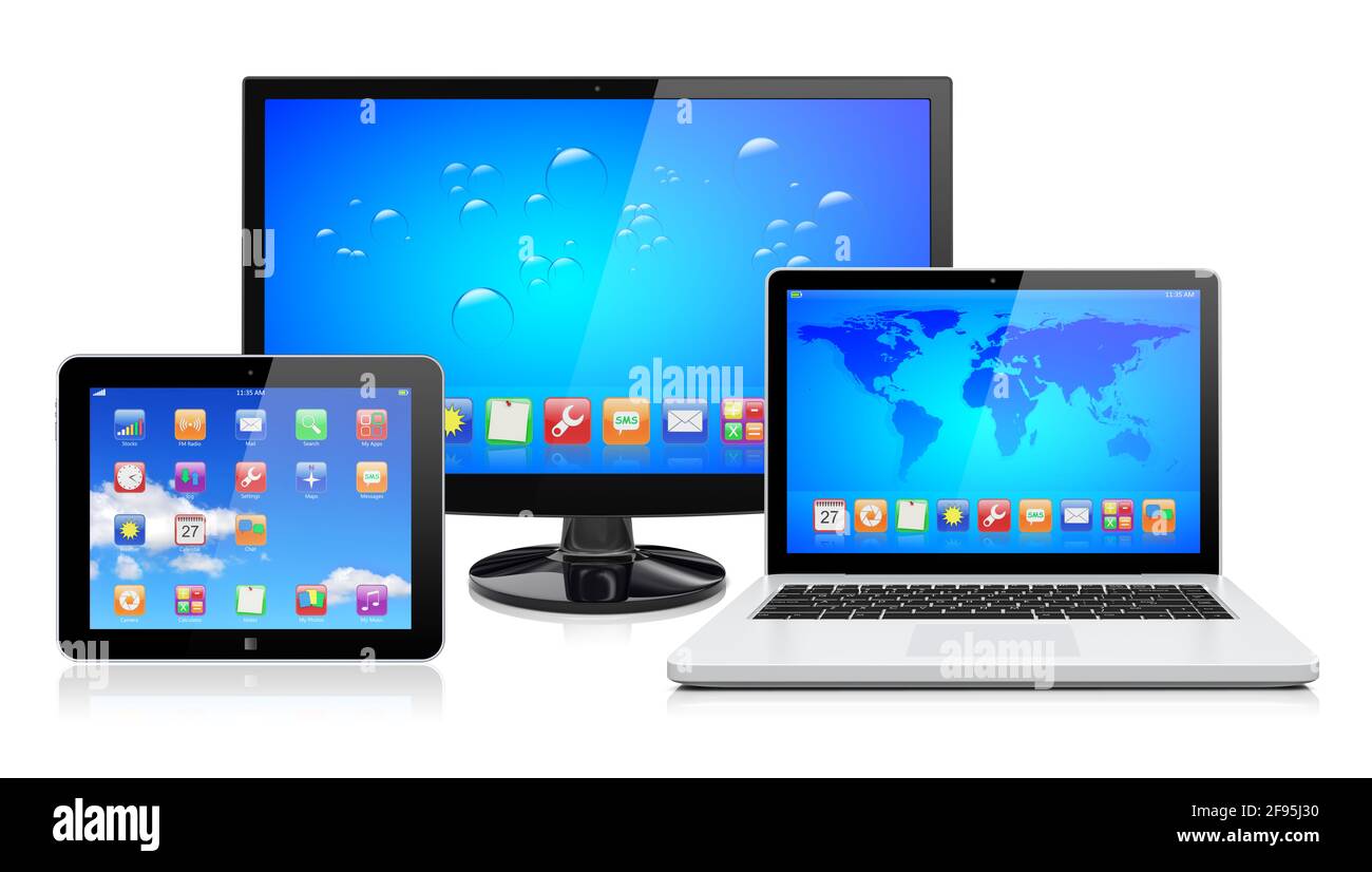 Monitor per computer, notebook e tablet pc con sfondo blu e app colorate su uno schermo. Isolato su un bianco. immagine 3d Foto Stock