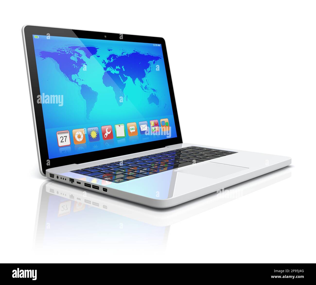 Notebook con app colorate e mappa del mondo della Terra su uno schermo. Isolato su un bianco. immagine 3d Foto Stock