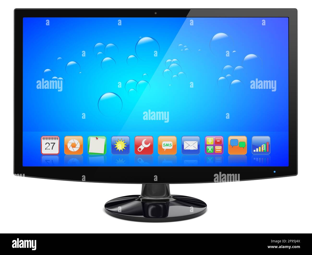 Monitor per computer con sfondo blu e app colorate su uno schermo. Isolato su un bianco. Immagine 3d isolata su un bianco. immagine 3d Foto Stock
