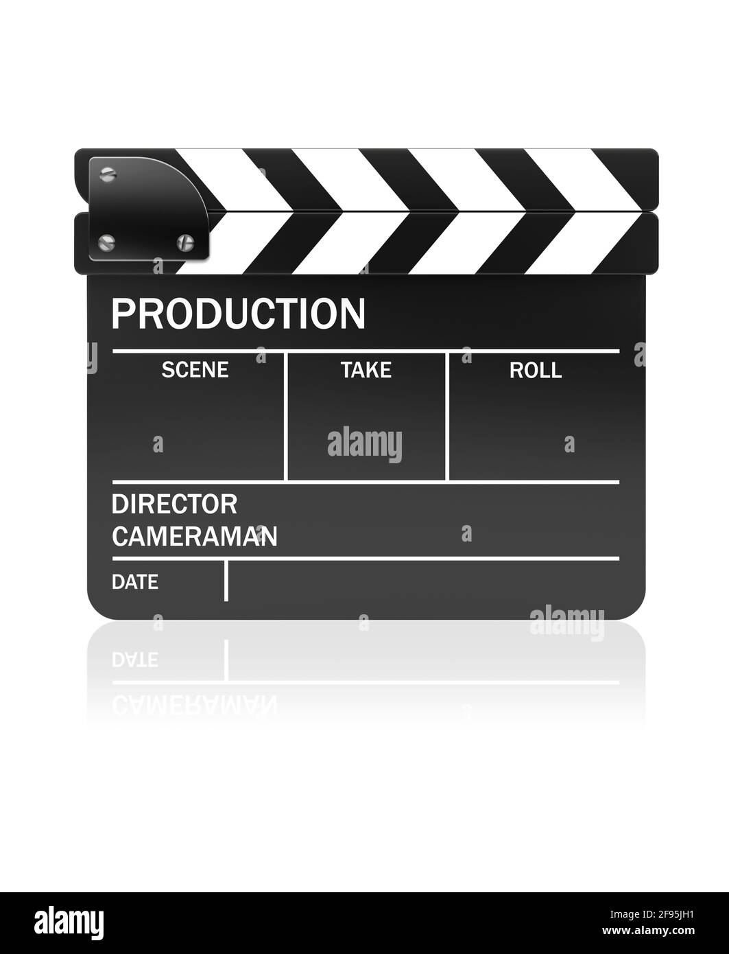 Clapper di ardesia di pellicola nera su uno sfondo bianco. immagine 3d Foto Stock