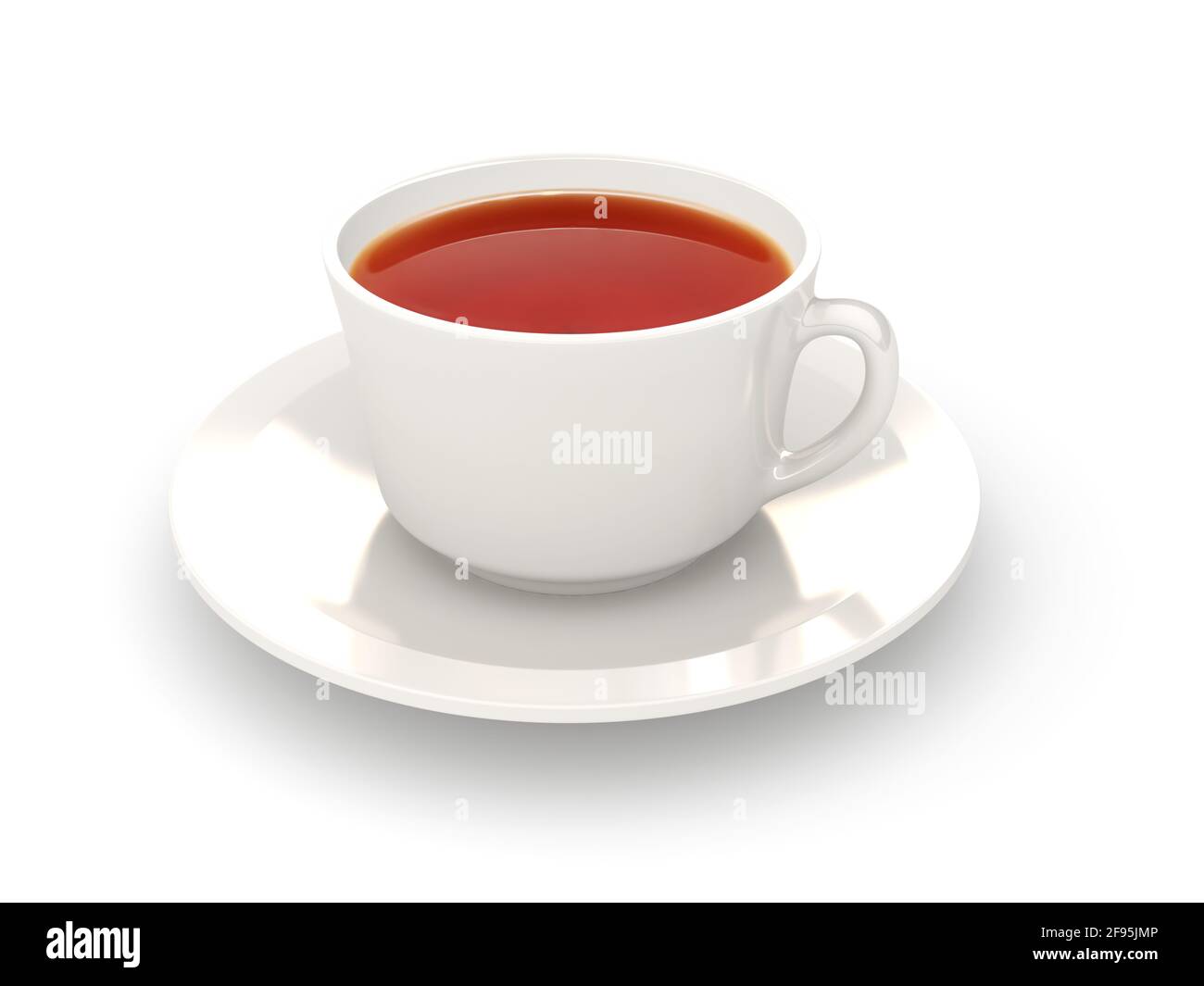Una tazza di tè bianco con un cucchiaio d'argento su un sfondo bianco Foto Stock