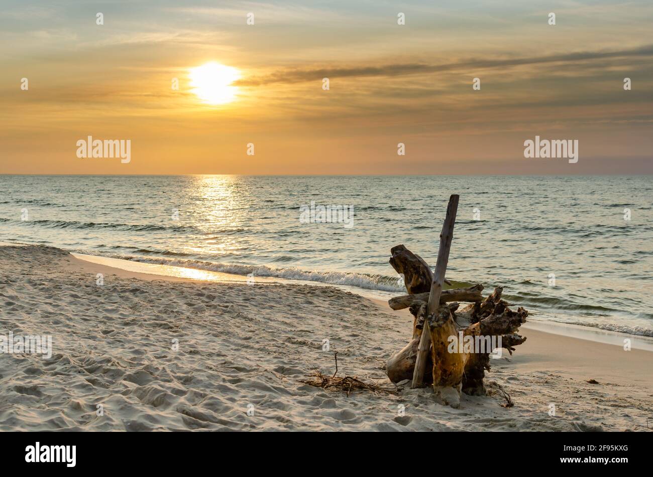 Tramonto sul Mar Baltico. Spiaggia di sabbia. I raggi del sole si riflettono nell'acqua. Il ramo si trova sulla spiaggia Foto Stock