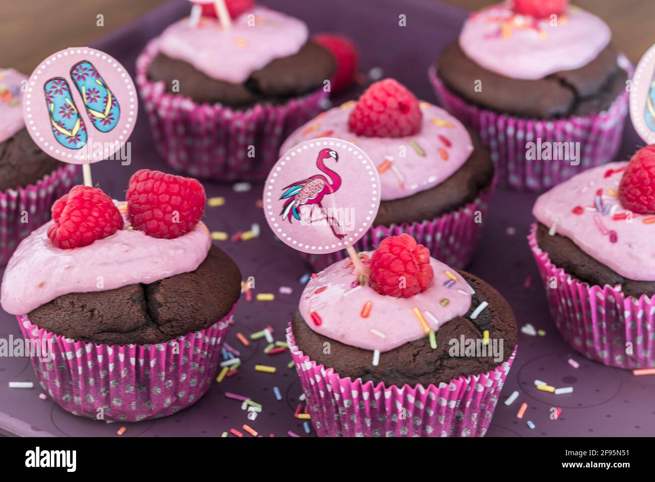 Cupcake al cioccolato con crema di lamponi, lampone intero, spruzzi di zucchero e decorazioni estive. Primo piano. Foto Stock