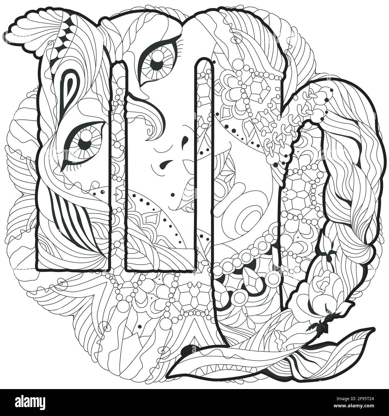 Segno zodiacale Virgo con mandala, astrologia concetto art. Tattoo design. Per colorare le pagine Illustrazione Vettoriale