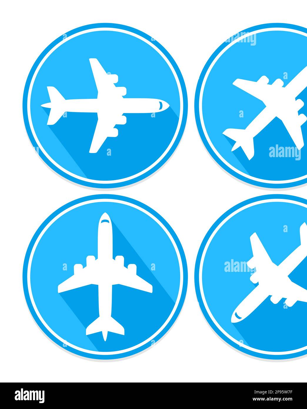 Aereo commerciale o aereo passeggeri sullo sfondo del cielo blu. Le icone arrotondate piatte consentono di impostare diverse direzioni di volo. Illustrazione, vettore Illustrazione Vettoriale