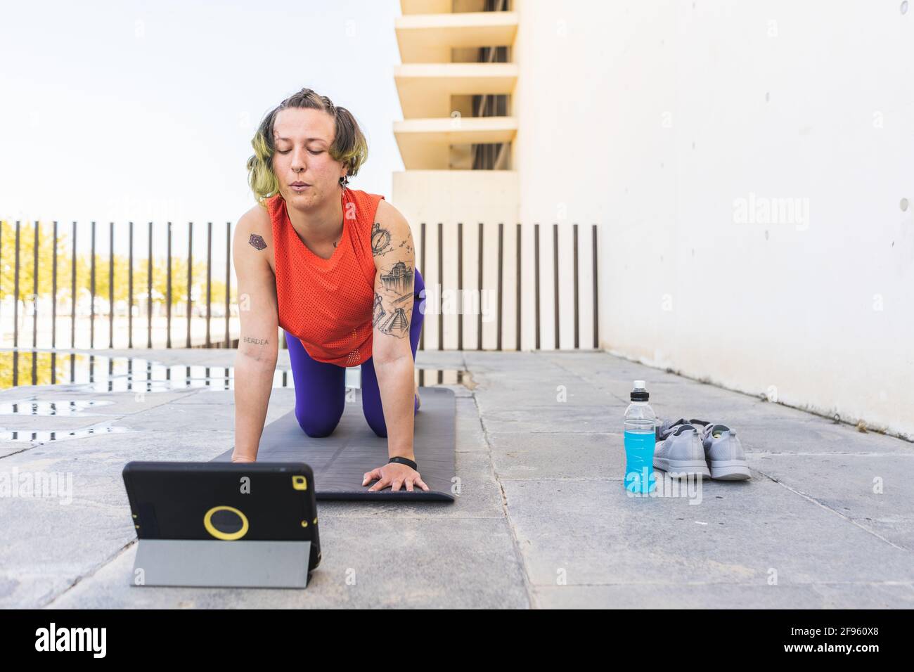 Atleta donna che fa gatto-mucca posa in classe online Foto Stock