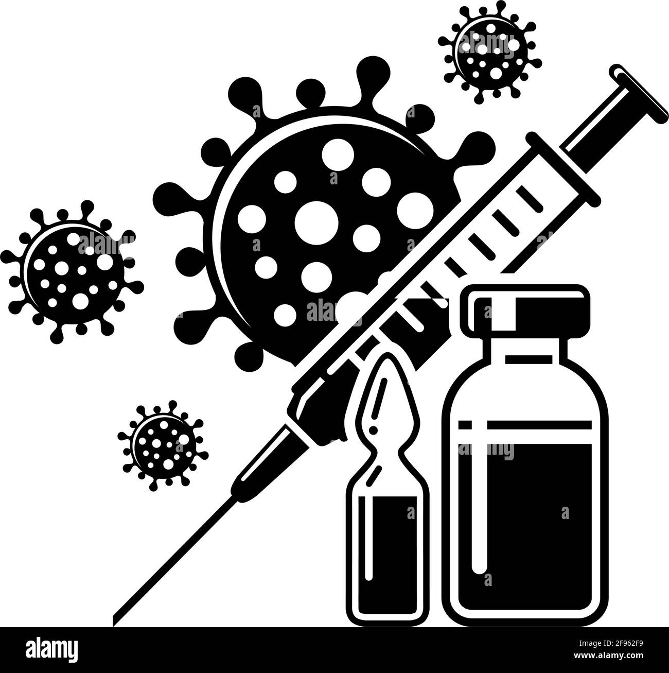 Icona tempo di vaccinazione COVID. Illustrazione vettoriale con siringa, flacone e flaconcino con vaccino e virus. Illustrazione Vettoriale