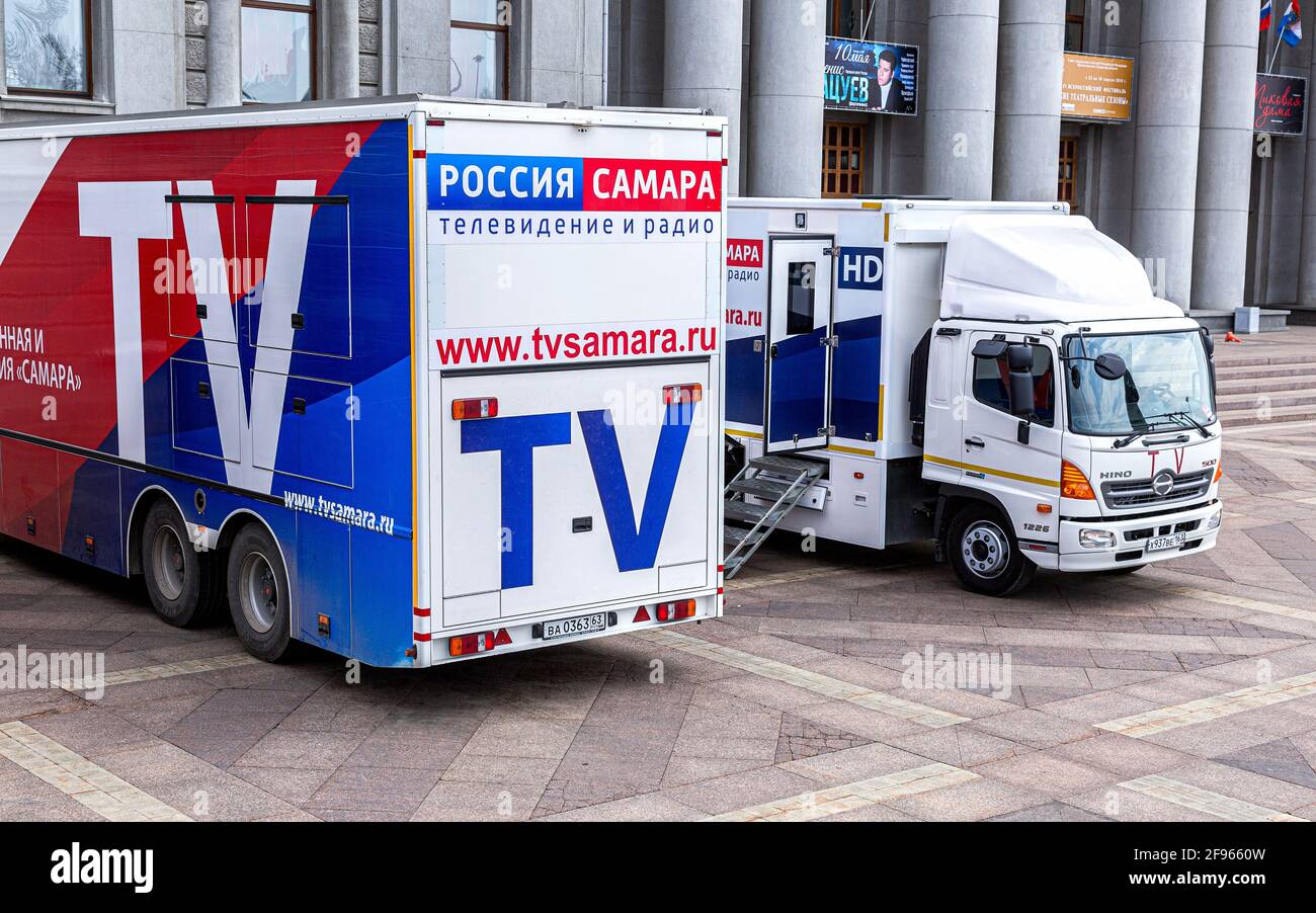 Samara, Russia - 1 maggio 2018: Stazione di televisione mobile un canale televisivo russo di proprietà dello stato Russia Foto Stock