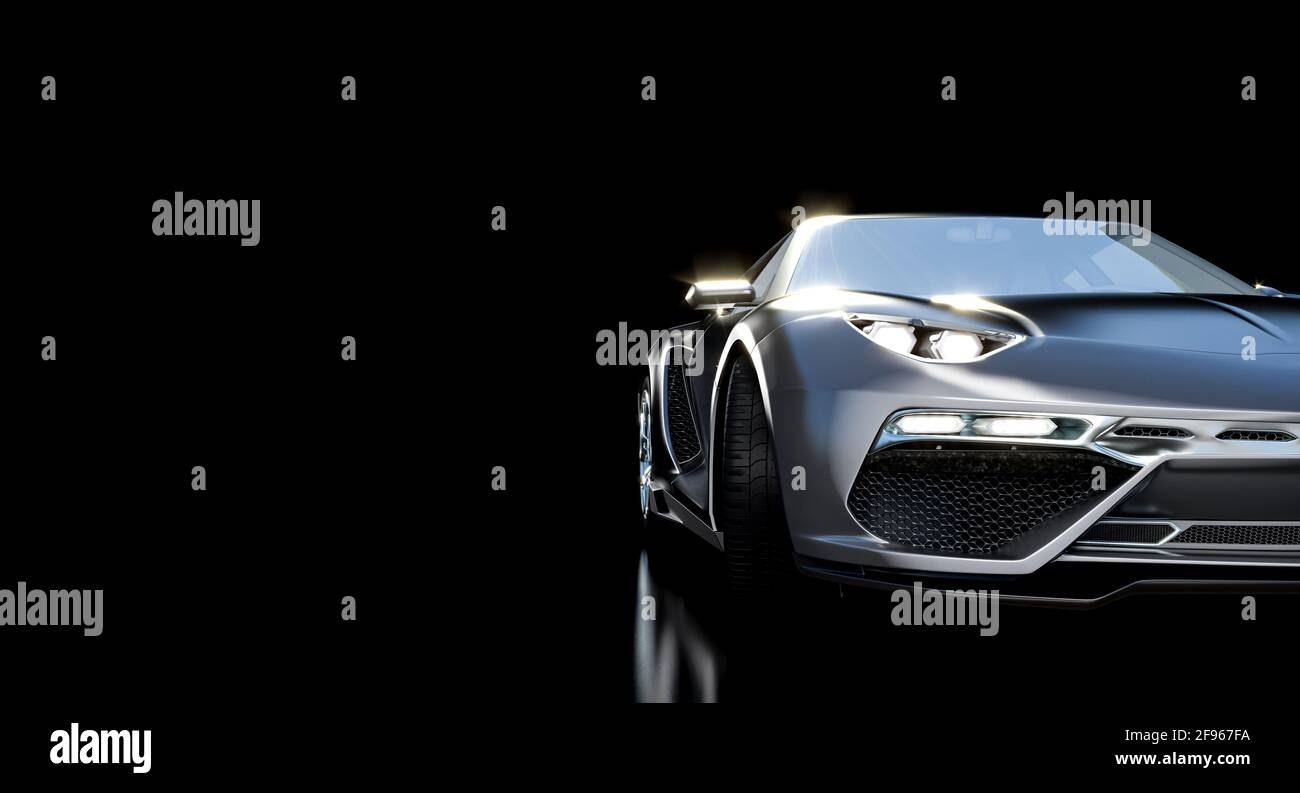 dettaglio di un'auto lussuosa e sportiva su sfondo nero. rendering 3d. Foto Stock
