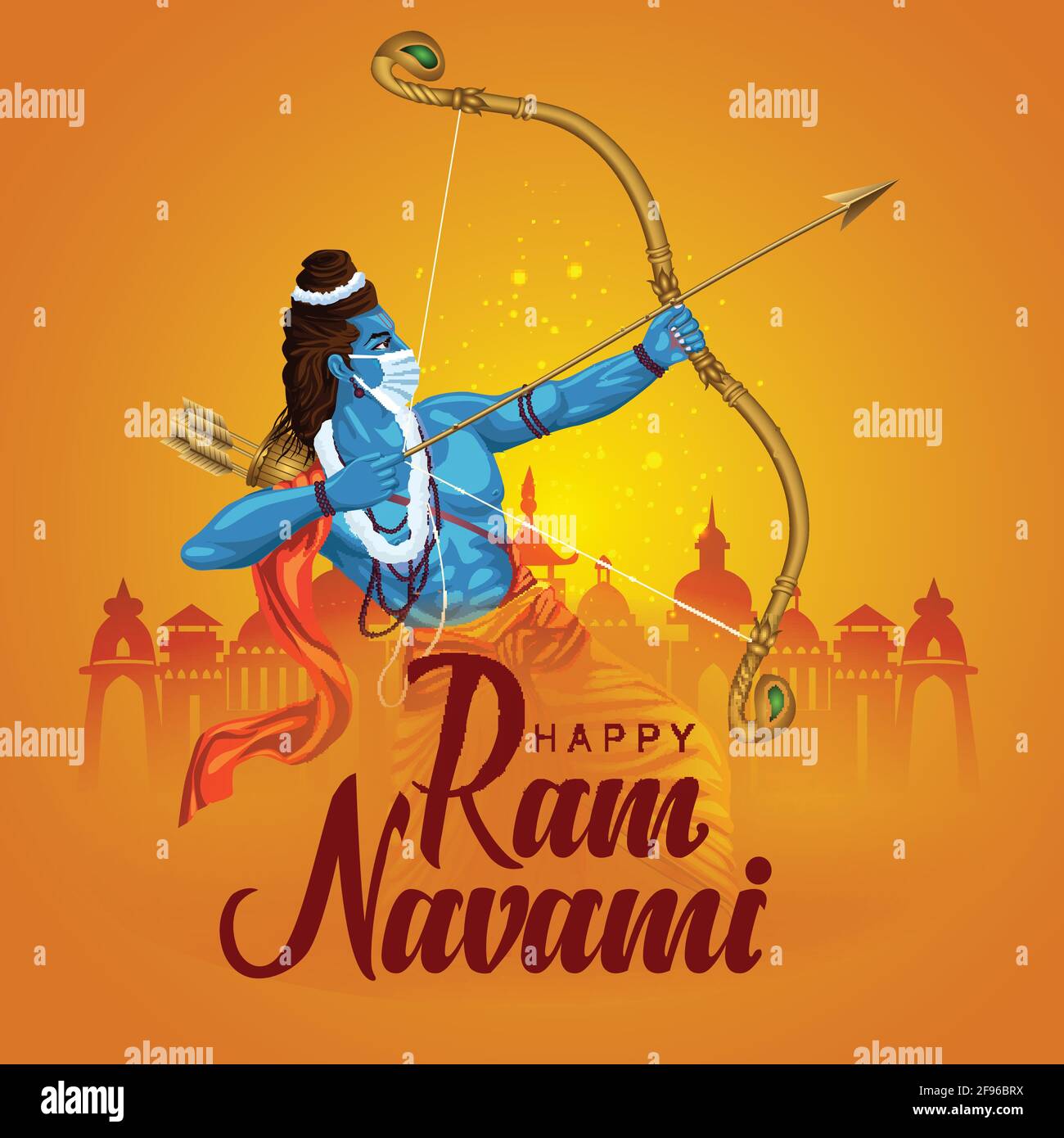 Happy RAM Navami festival dell'India. Lord Rama con freccia. Disegno di illustrazione vettoriale. Covid 19, concetto di coronavirus. Illustrazione Vettoriale