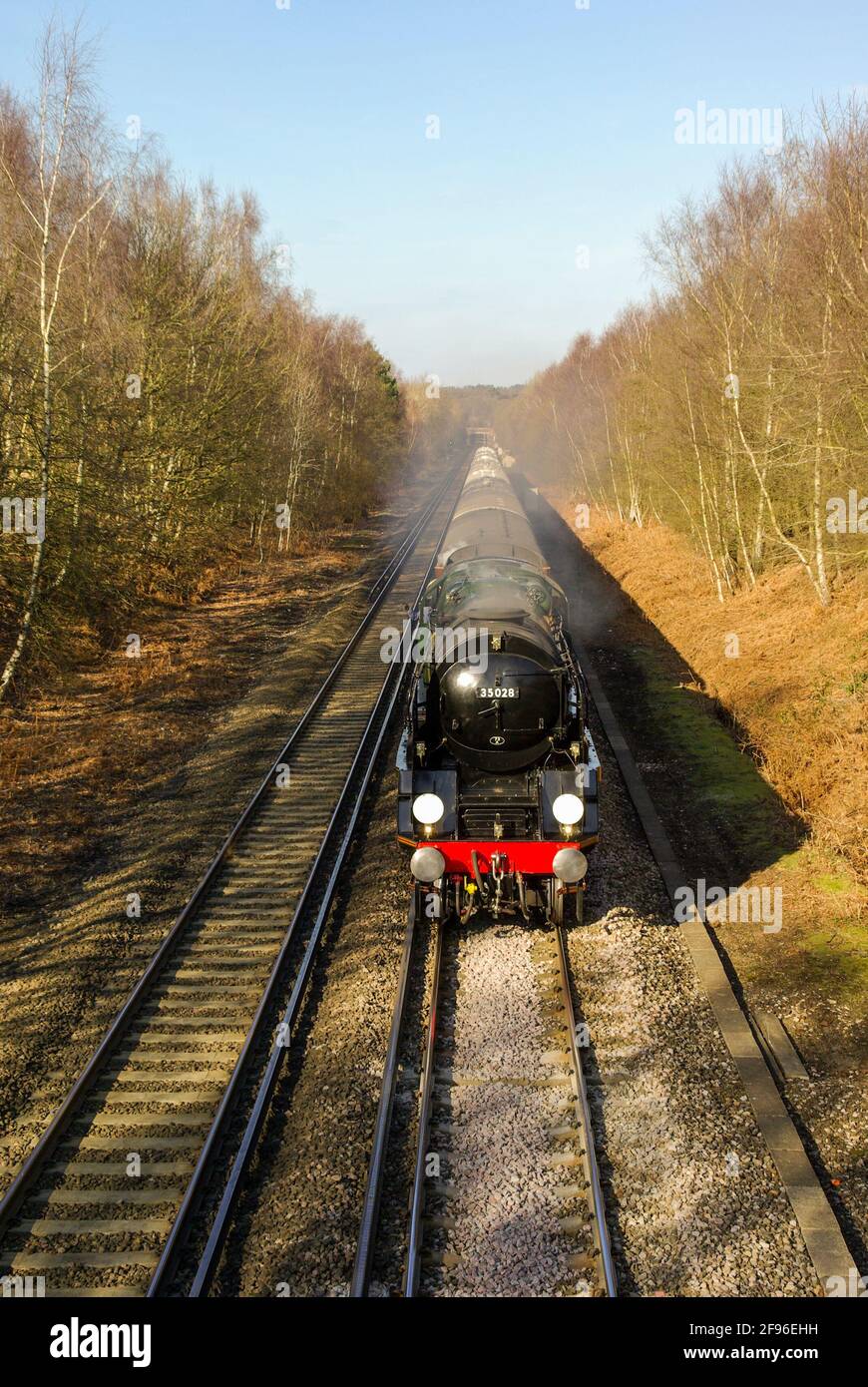 British Rail Merchant Navy Class 4-6-2 no 35028 locomotiva a vapore "Clan Line" che trasporta un treno speciale su una lunga sezione di rotaia diritta a Hampshire, Regno Unito Foto Stock