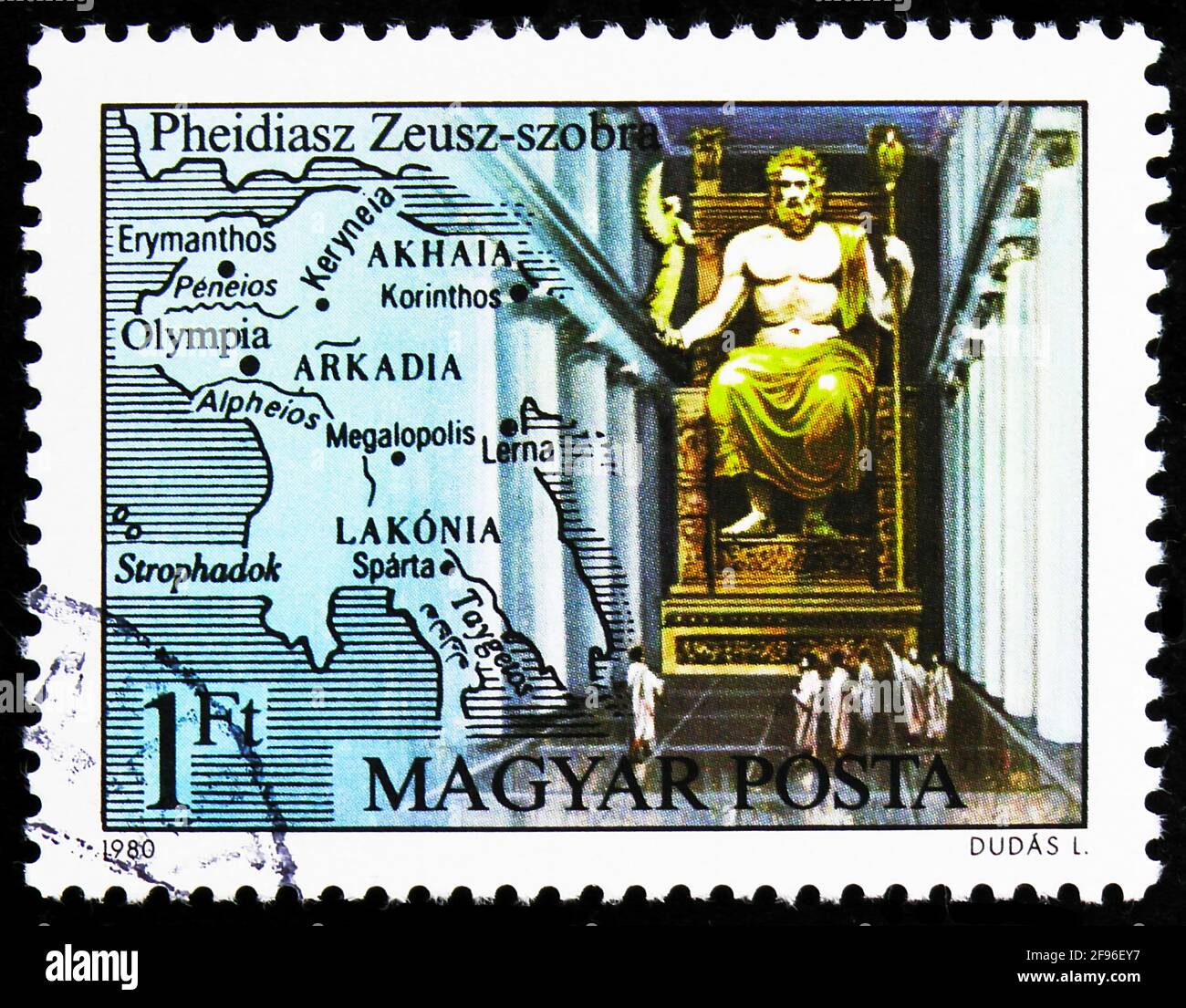 MOSCA, RUSSIA - 21 AGOSTO 2019: Francobollo stampato in Ungheria mostra la Statua di Zeus in Olimpia, di Pheidia, sette meraviglie del mondo antico se Foto Stock