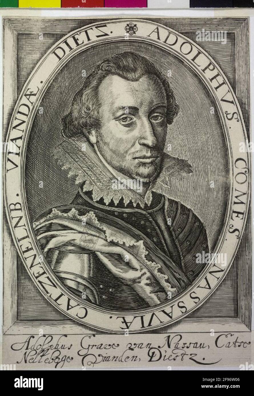 Adolf, Graf von Nassau-Siegen in struttura ovale con Lat. Trasporto, in forma rettangolare, prevalentemente tratteggiata, di pari entità; al di sotto della rappresentazione olandese a due linee. Legenda. Incisione di rame senza designazione (attribuito da Nicolaes de Clercreck). Foto Stock