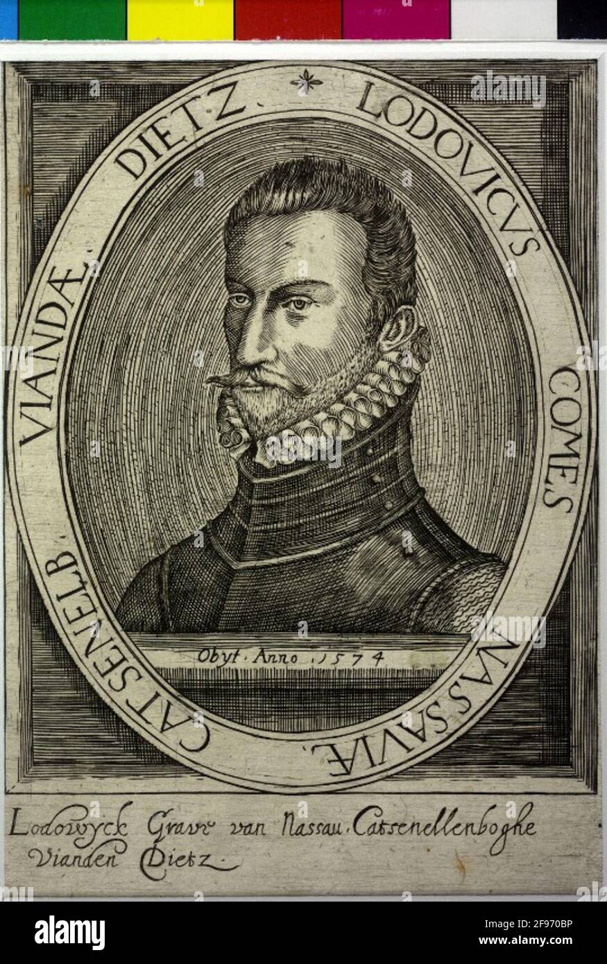 Ludwig, conte di Nassau-Siegen quasi petto, 3/4 da sinistra; BARHAUPT, con baffi, farcito completamente; In Harnic, con piccolo collo a crimpare; sul bordo superiore del sottosegmento a forma di cima Latin. Numero di morte con l'anno; in cornice ovale con lat. Trasporto su tableau rettangolare, prevalentemente tratteggiato, della stessa misura; su presentazione di due linee olandesi. Legenda. Incisione in rame. Senza designazione. Foto Stock