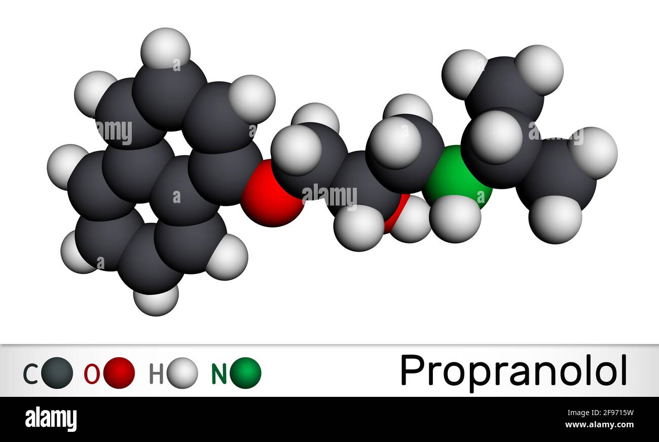 Molecola di propranololo. È un beta-bloccante sintetico, non selettivo, usato per trattare l'ipertensione. Modello molecolare. Rendering 3D. Illustrazione 3D Foto Stock