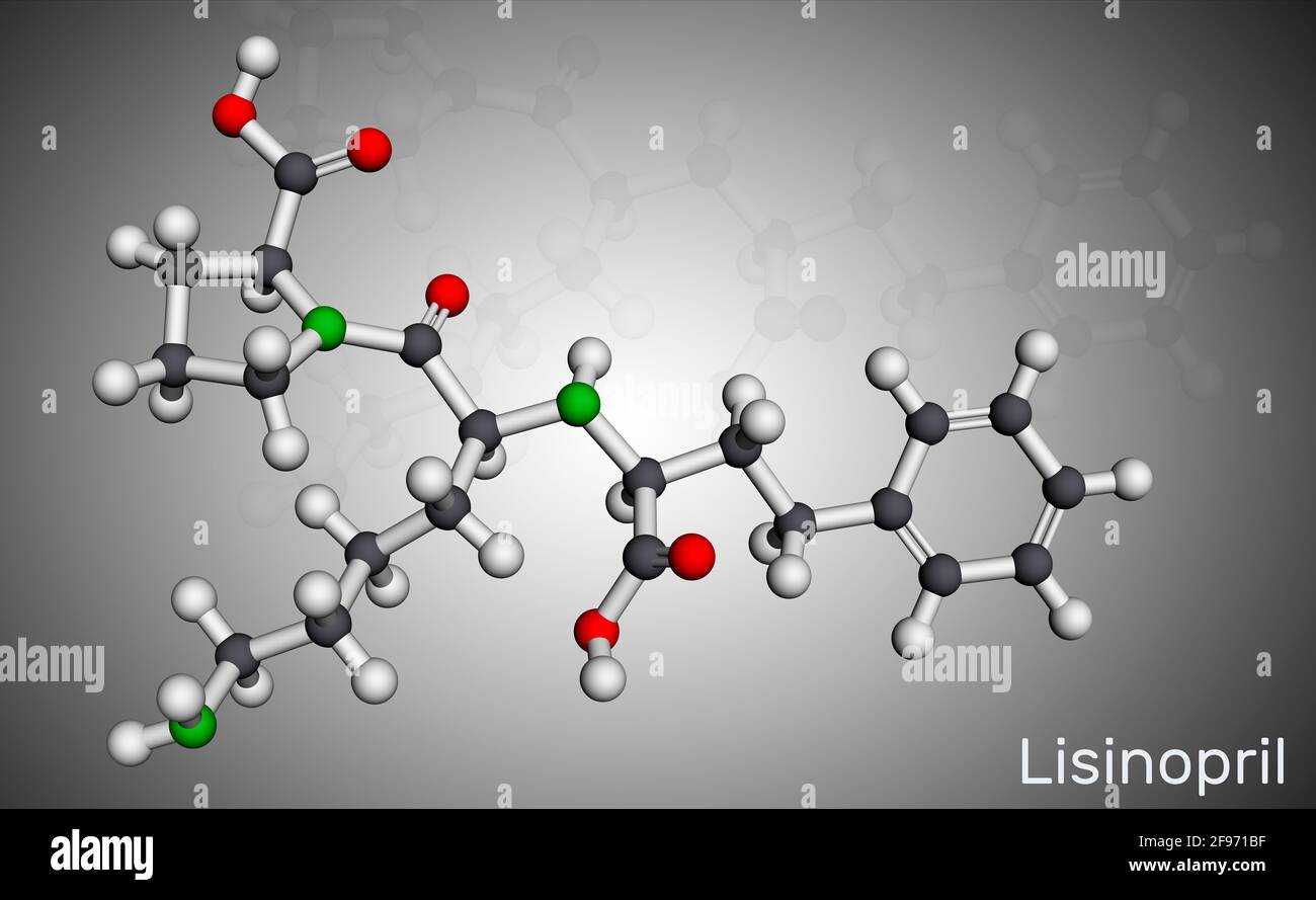 Molecola di Lisinopril. Si tratta di dipeptide, ACE inibitore utilizzato per trattare l'ipertensione, insufficienza cardiaca, attacchi cardiaci. Modello molecolare. Rendering 3D. Illusione 3D Foto Stock
