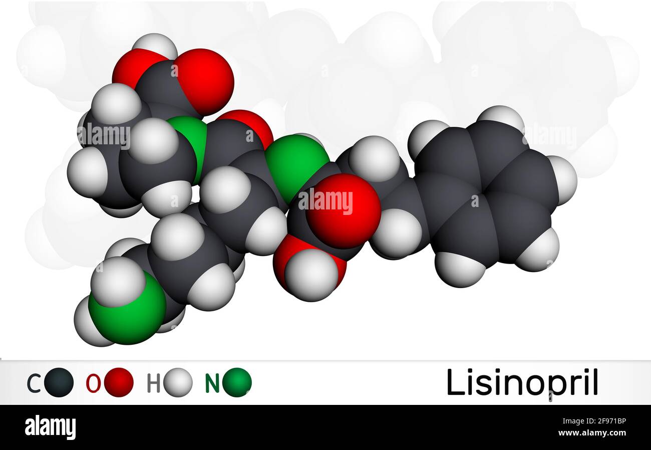 Molecola di Lisinopril. Si tratta di dipeptide, ACE inibitore utilizzato per trattare l'ipertensione, insufficienza cardiaca, attacchi cardiaci. Modello molecolare. Rendering 3D. Illusione 3D Foto Stock