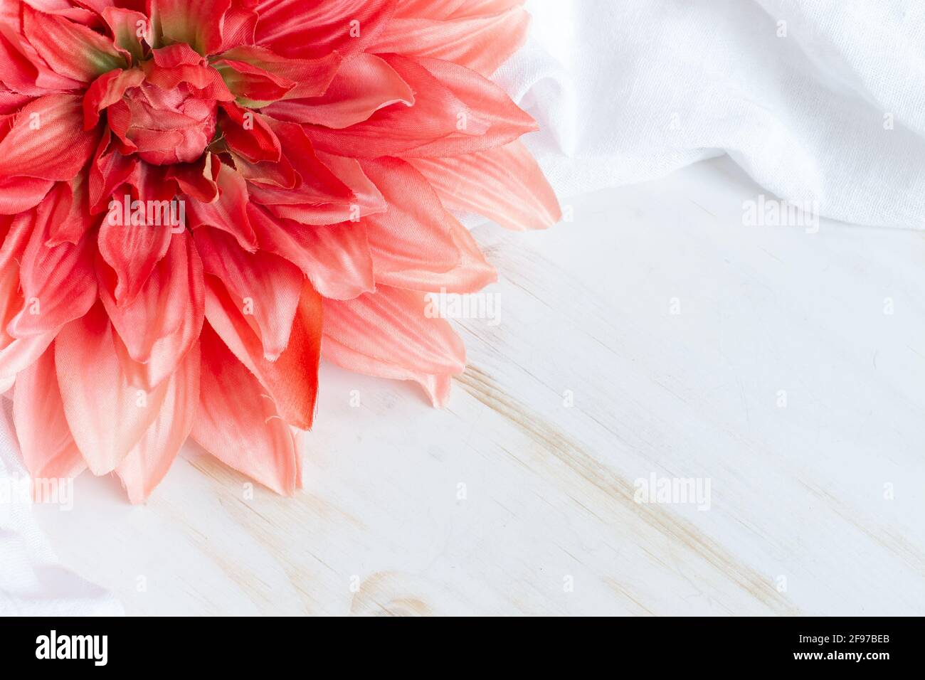 bordo di fiori di seta su sfondo di legno bianco con spazio di copia Foto Stock