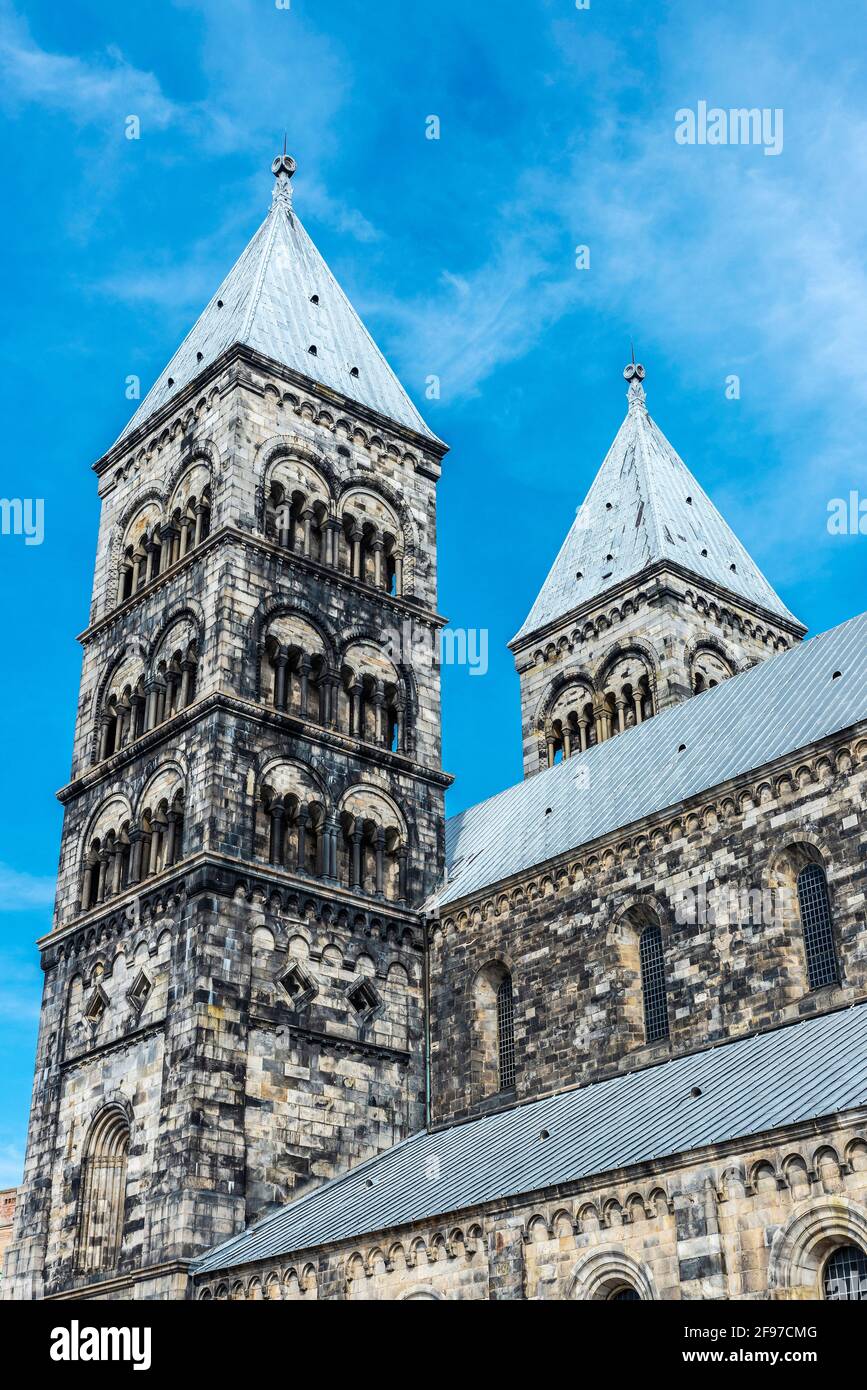 Facciata della Cattedrale di Lund, chiesa luterana a Lund, Scania, Svezia Foto Stock