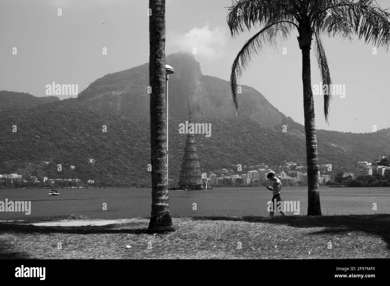 Un colpo bianco e nero di un uomo sportivo che cammina guardando il suo cellulare di fronte alla Laguna Rodrigo de Freitas (Lagoa Rodrigo de Freitas) con un albero di Natale e il Monte Corcovado con la statua del Cristo Redentore dietro una nuvola. Shot con . Foto Stock