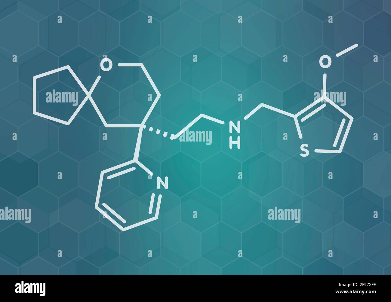 Oliceridina, molecola di farmaco antidolorifico, illustrazione Foto Stock