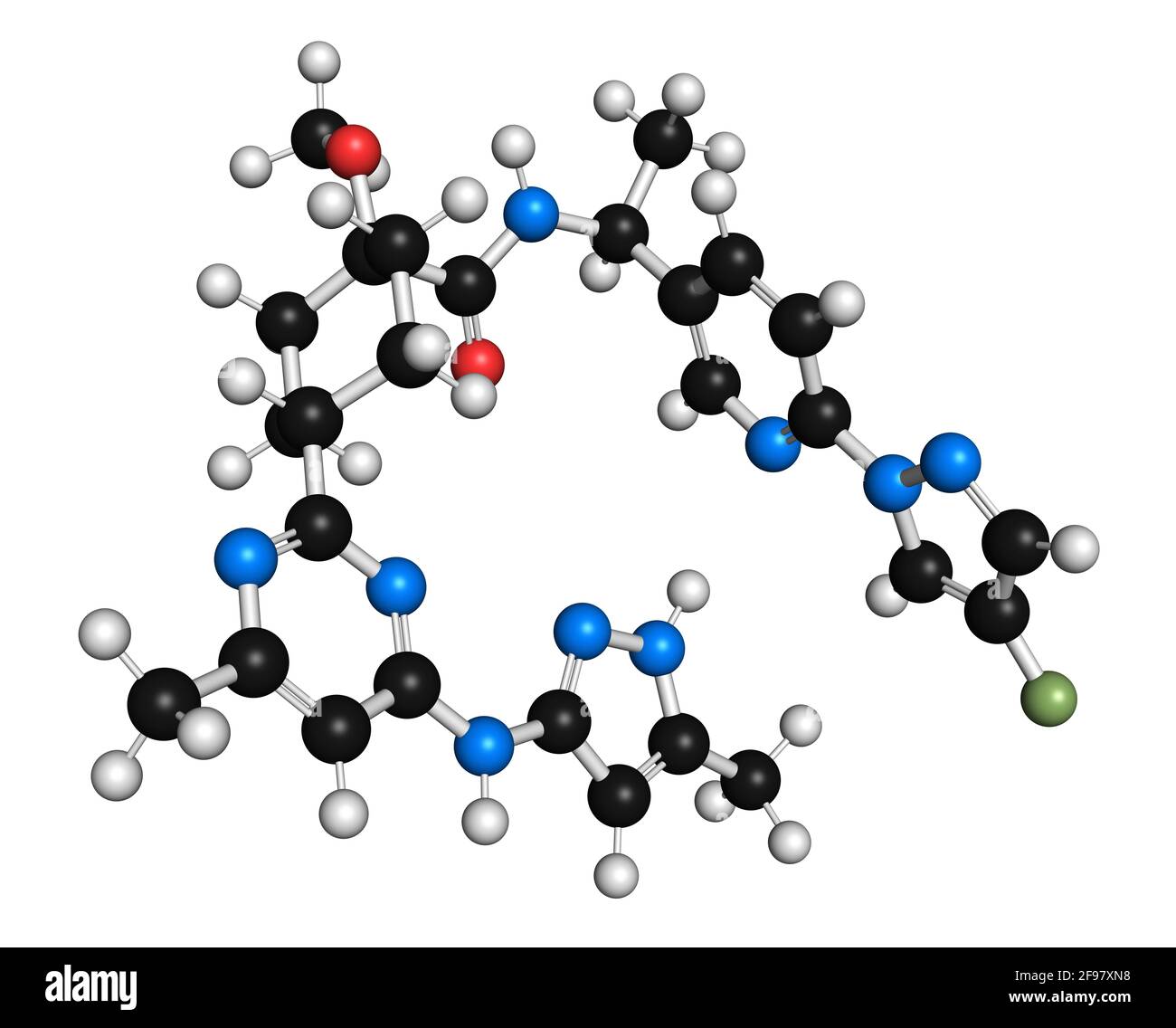 Molecola di farmaco per il cancro di Pralsetinib, illustrazione Foto Stock