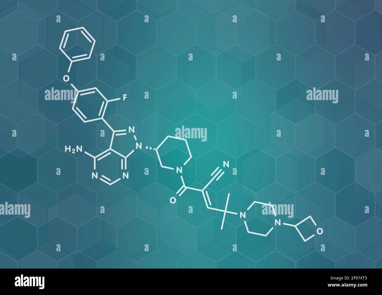 Molecola di farmaco di Rilzabrutinib, illustrazione Foto Stock