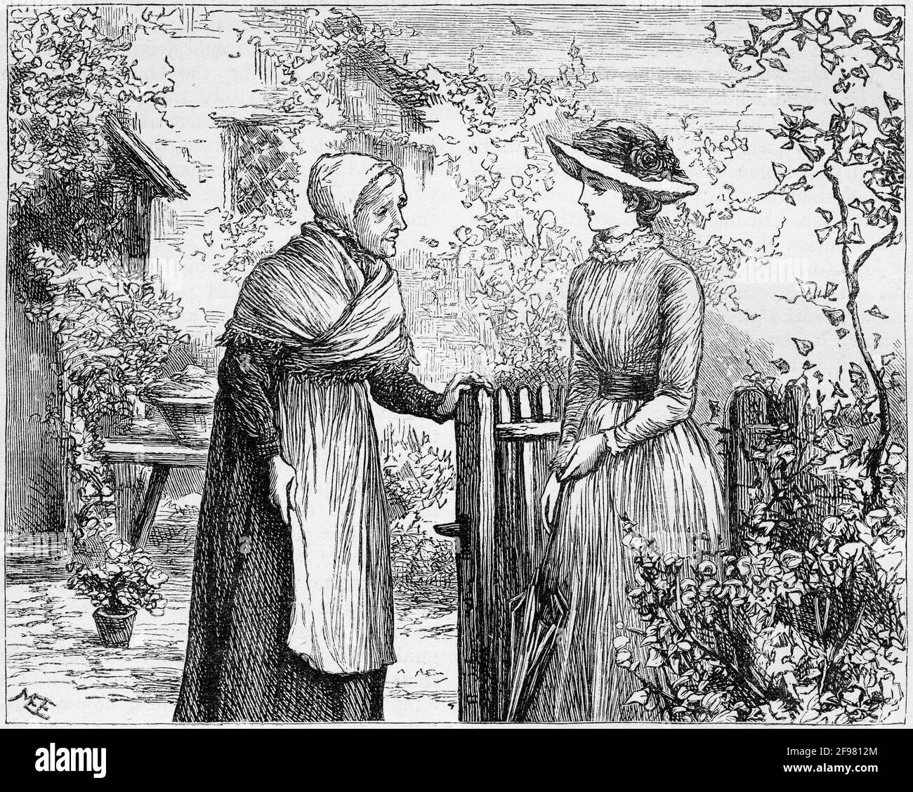 Incisione di due donne - una vecchia e una giovane - incontro alla porta del giardino di campagna Foto Stock