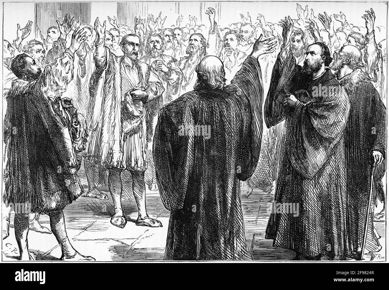 Incisione di un gruppo di uomini a Ginevra che si giurano di rinunciare alla fede cattolica romana. Foto Stock