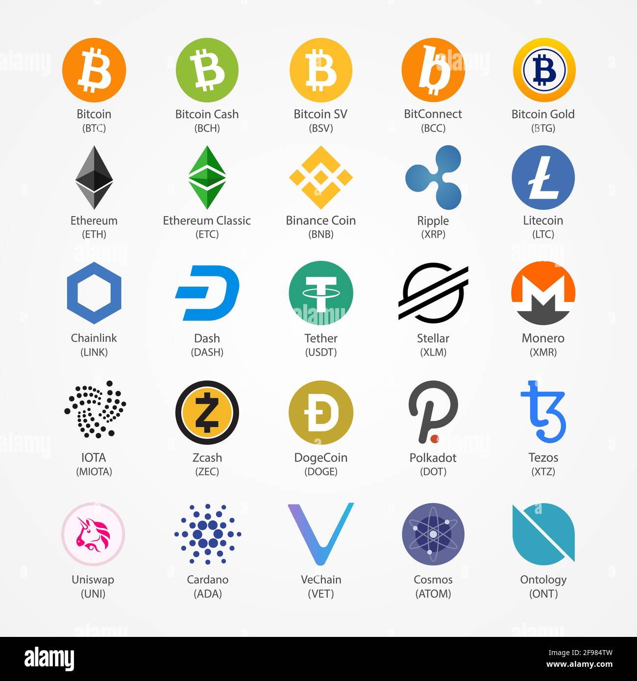 Icone di monete vettoriali a criptovaluta isolate su sfondo bianco. Illustrazione Vettoriale