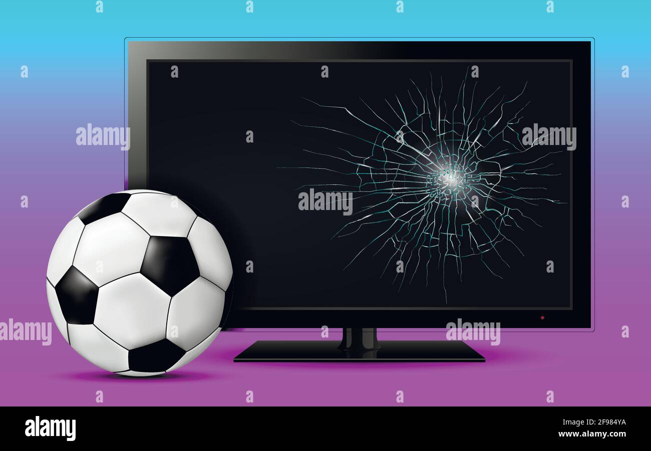 Palla di calcio e schermo tv rotto Illustrazione Vettoriale