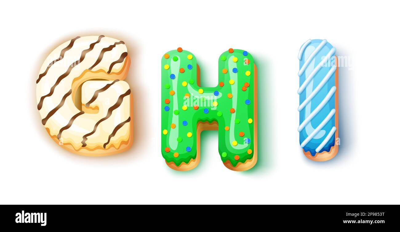 Ciambella superiore - ghi Font di ciambelle. Pasticceria alfabeto dolce. Ciambella alfabeto ultimo ghi isolato su sfondo bianco, illustrazione vettoriale Illustrazione Vettoriale