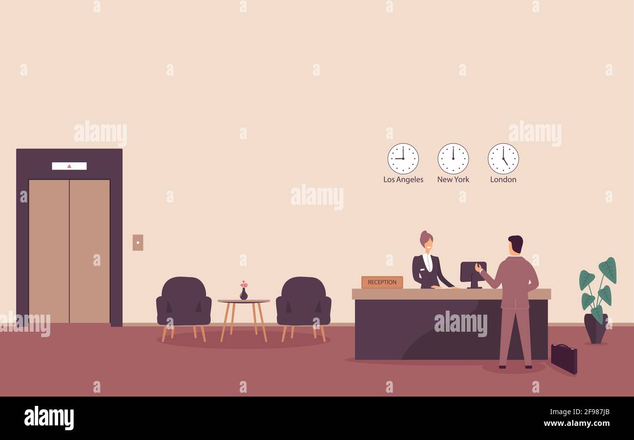 Donna receptionist dietro il posto di lavoro nell'hotel o nella lobby della banca che parla con l'ospite. All'interno del moderno banco ricevimento nella sala d'attesa, nella sala o nel corridoio Illustrazione Vettoriale
