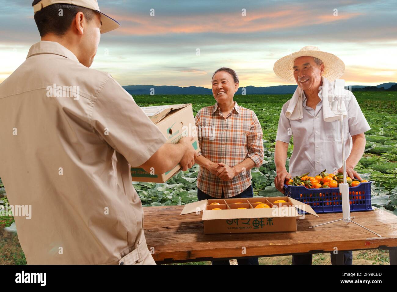 Coltivatori vivono la consegna in linea dei prodotti agricoli Foto Stock