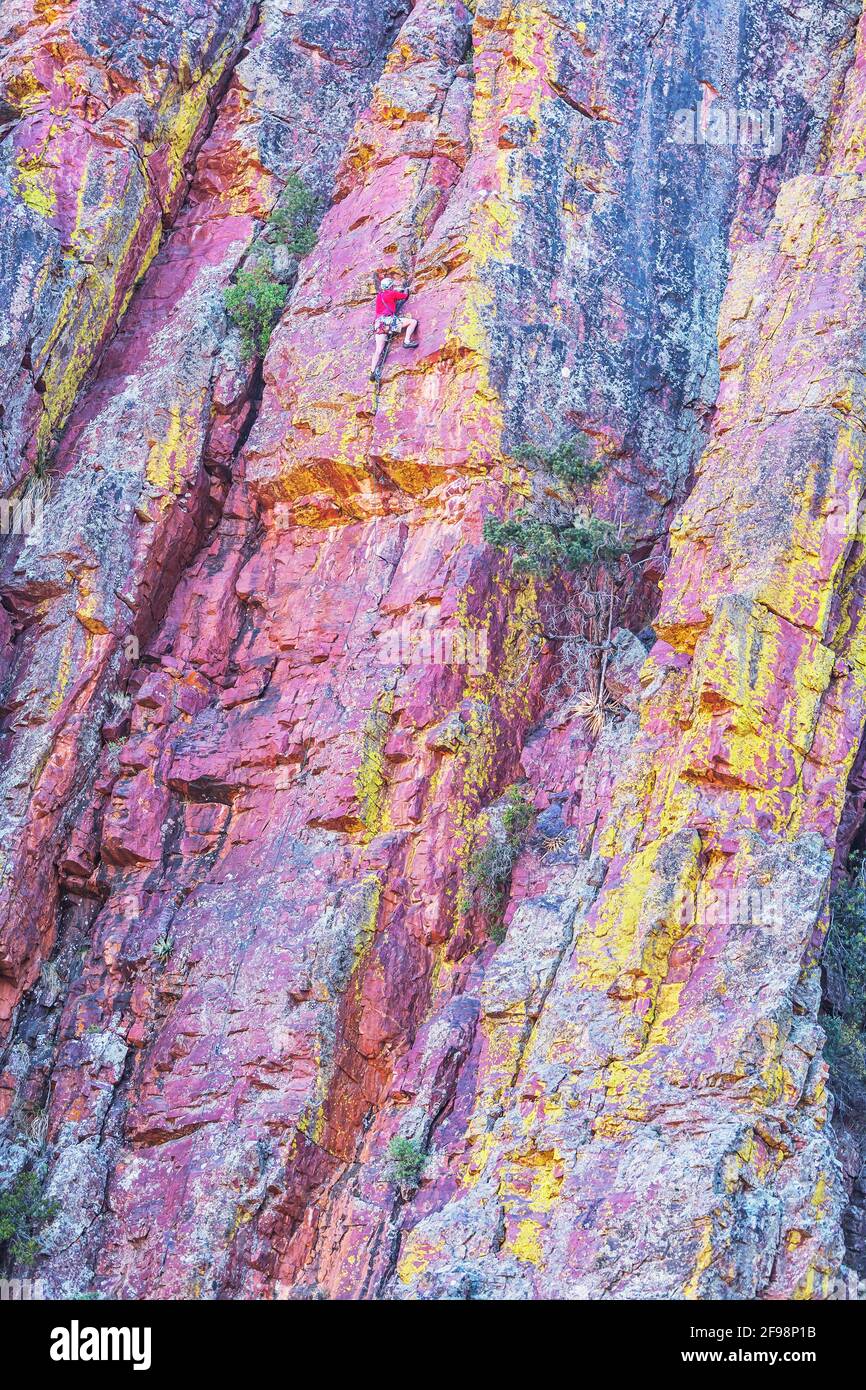Arrampicata maschile, Coconino National Forest, Arizona, Stati Uniti, Nord America Foto Stock
