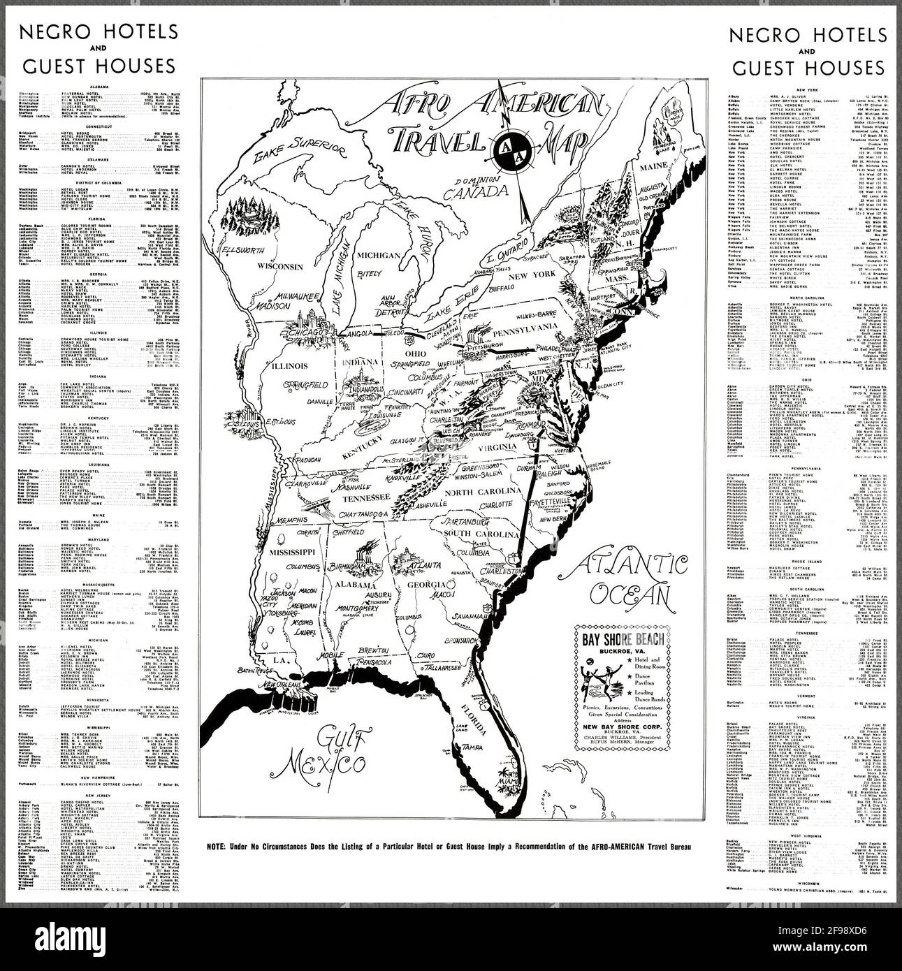 'Afro American Travel Map 1942.' Riproduzione restaurata di una mappa del 1942 degli Stati Uniti orientali progettata per aiutare i viaggiatori afro-americani a trovare alloggio durante un periodo di grande razzismo e segregazione. Foto Stock