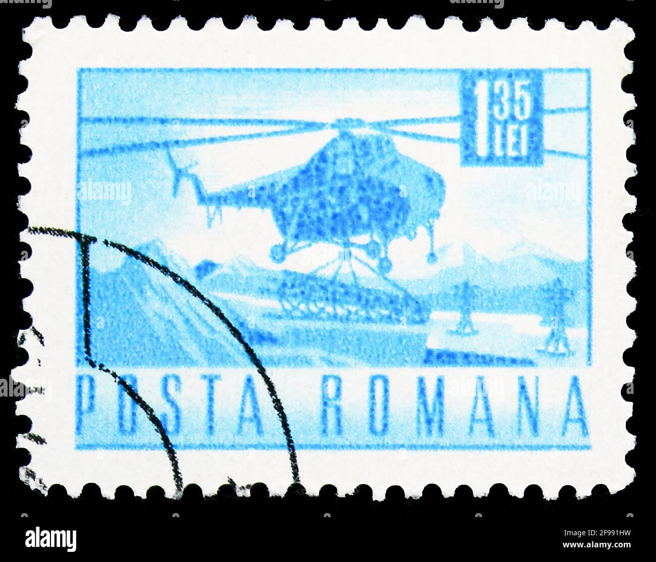 MOSCA, RUSSIA - 4 NOVEMBRE 2019: Francobollo stampato in Romania mostra MIL mi-3 serie di elicotteri, postali e trasporti, circa 1968 Foto Stock