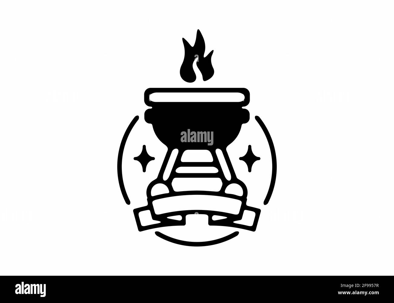 Black line art badge di disegno illustrazione stufa a barbecue Illustrazione Vettoriale