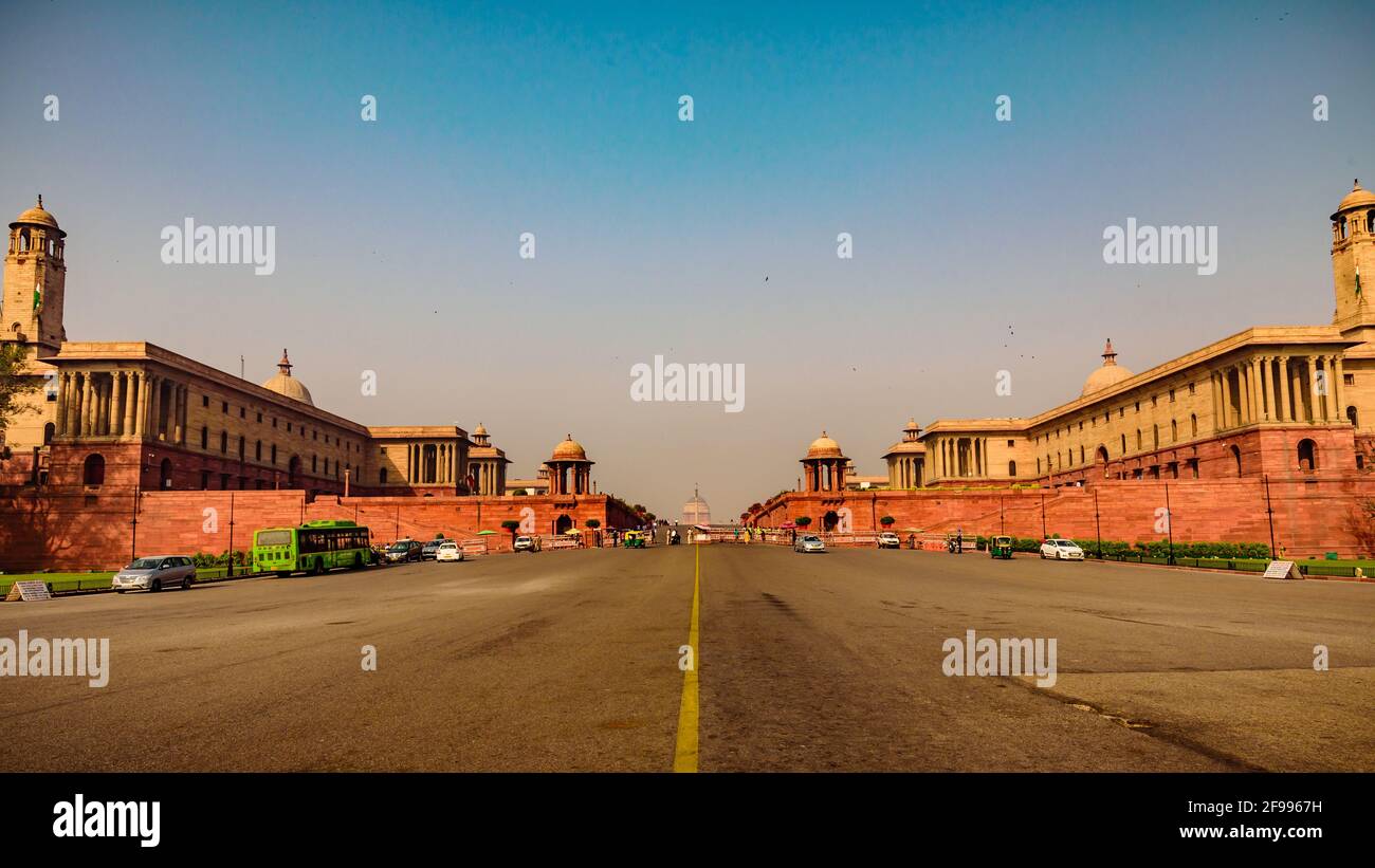 NEW DELHI, INDIA-OTTOBRE, 2018: Rajpath 'King's Way' è un viale cerimoniale a Delhi che corre da Rashtrapati Bhavan sulla collina di Raisina attraverso Vija Foto Stock