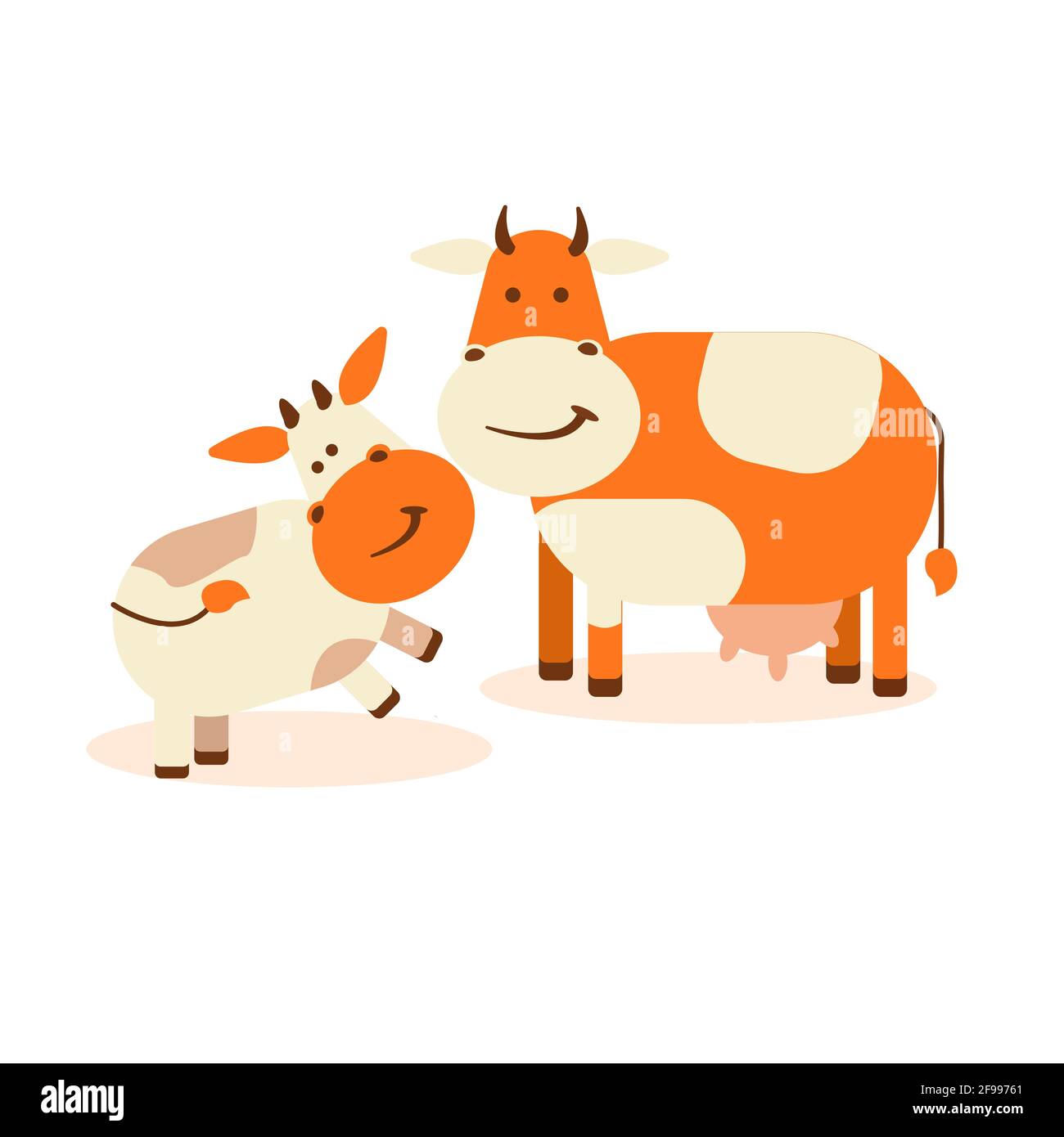 Una mucca con un vitello su uno sfondo bianco isolato. Immagine piatta vettoriale Illustrazione Vettoriale