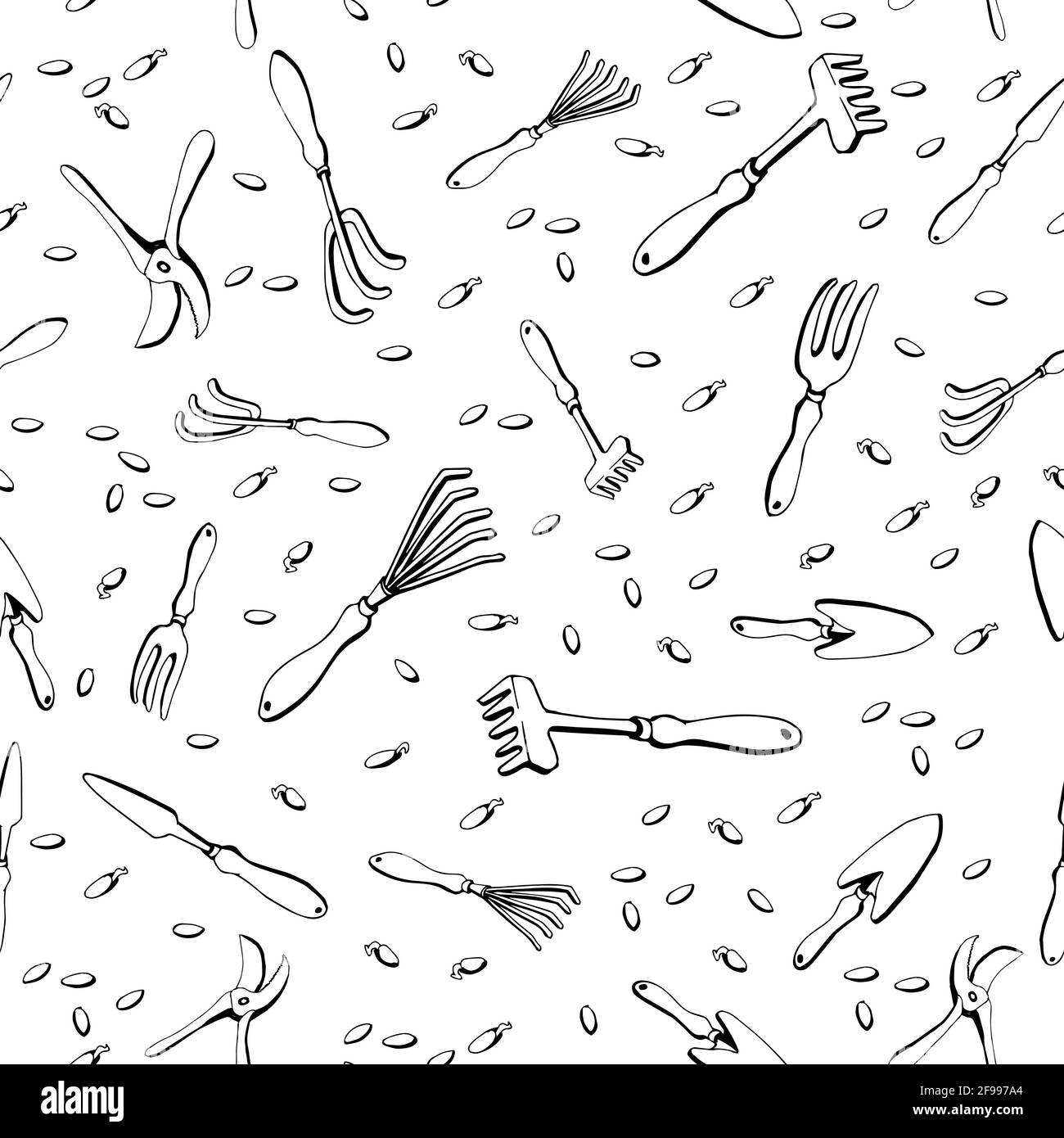 Motivo senza cuciture con strumenti da giardino su uno sfondo bianco isolato in stile doodle. Illustrazione vettoriale Illustrazione Vettoriale