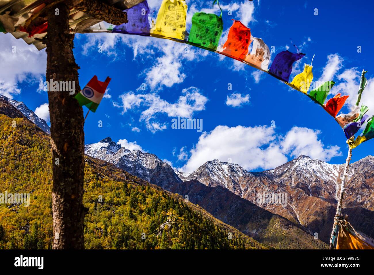 Bandiere di preghiera colorate che volano in venti con le montagne di Himalaya sullo sfondo del villaggio di Chitkul nella regione di Kinnaur di Himachal Pradesh, India. Foto Stock